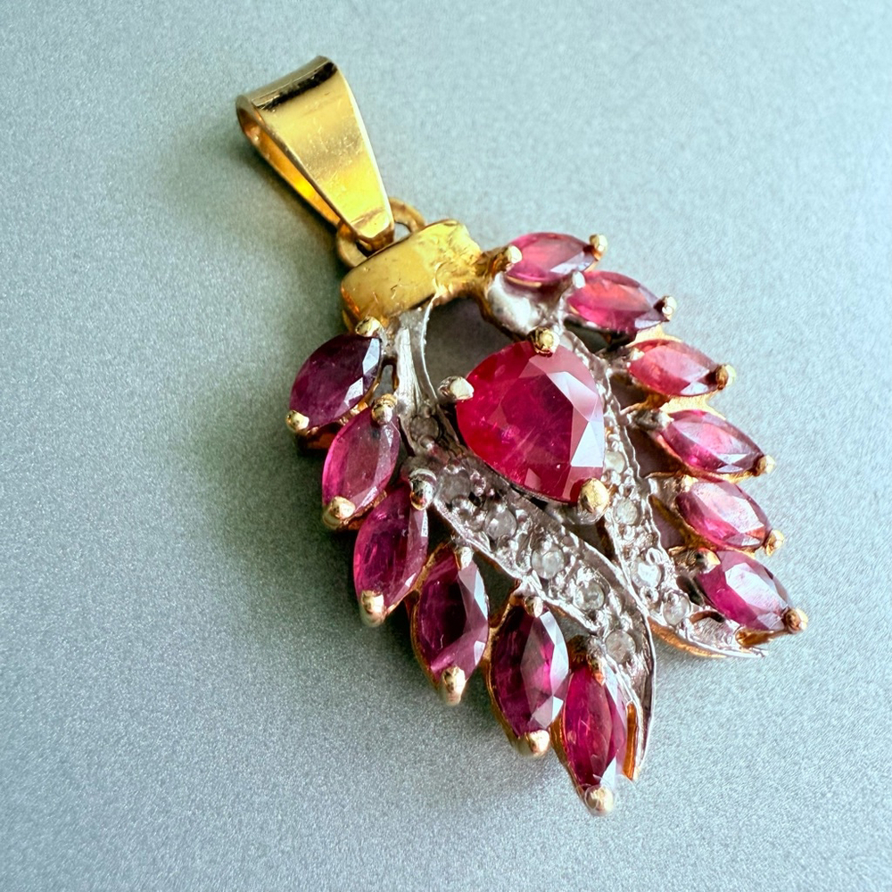 Estate 14K Gold 2.5 TCW Burmese Ruby Diamond Angel Wings Heart 1.25" Pendant - Picture 2 of 6